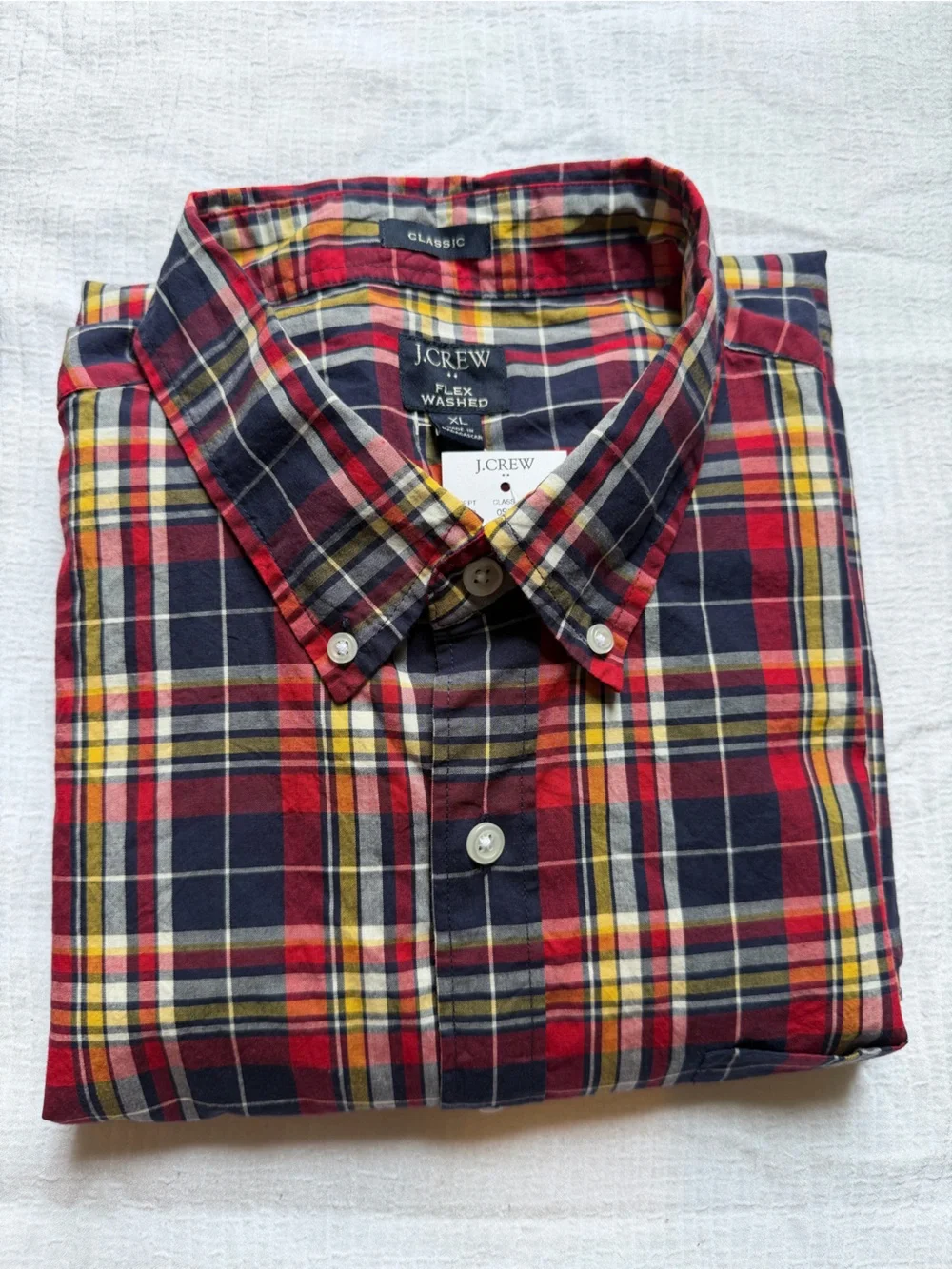 J. Crew Red Plaid Button-Down Shirt with Navy and Yellow